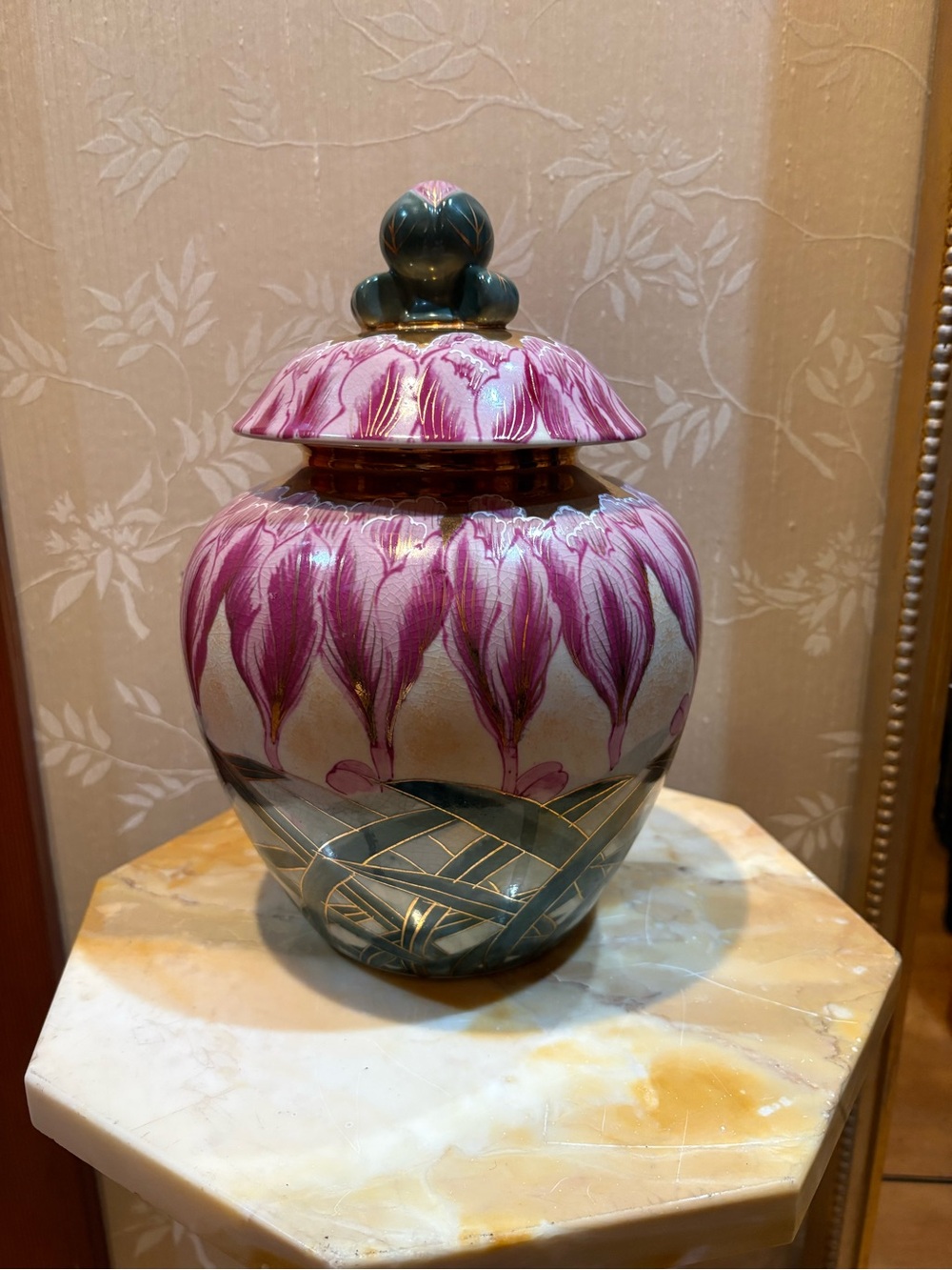 Japanese Handpainted Pink and Teal Lotus 🪷 Flowers Ceramic Ginger Jar
